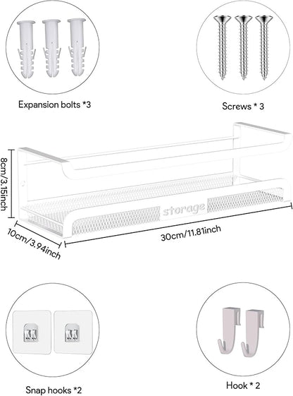 Spice Rack Wall Mount with Hooks - Spice Racks Organizer for Cabinet Storage, Wall Mounted Hanging Shelf Seasoning Organizer, for Kitchen, Pantry Door, Bathroom (White, 2 Pack)