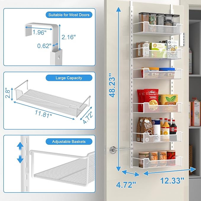 12.3" W Narrow Over the Door Pantry Organizer, 6-Tier Over the Door Organizer with Adjustable Basket, Pantry Door Organization for Pantry Kitchen Storage Room Spice Rack, White