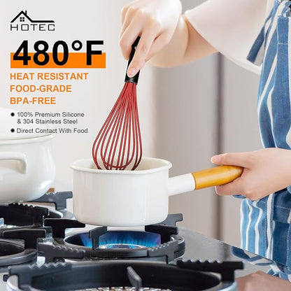 HOTEC 4 Pieces Silicone Whisks Set, Wire Balloon Whisks Egg Beater, Non-slip Handle Whisk for Non-stick Cookware Perfect for Cooking, Stirring, Beating and Blending (Red)