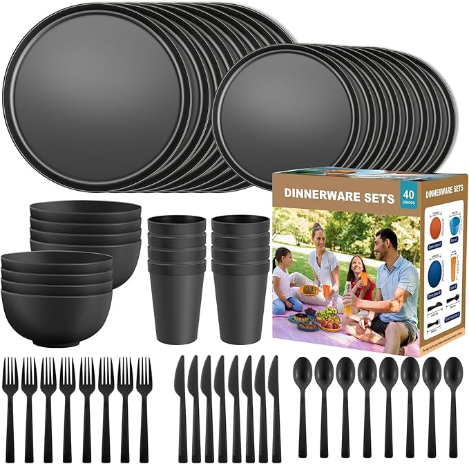 40 Piece RV & Camping Dinnerware Set, Elegant Ceramic-Look Large Bowls & Plates, Unbreakable & 100% Microwave Safe, Melamine Alternative Service for 8, Black