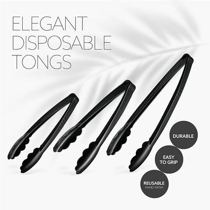 Plasticpro Heavy Duty Reusable Black Serving Tongs Combo Set - 4 Pieces (7.5'', 9'', 12'') for Kitchen, BBQ, Parties, Catering, Events, Weddings - Pack of 12