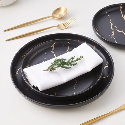 Black Gold Splash Dinnerware Sets, Marble Porcelain Plates and Bowls Sets, Modern Luxury Dish Set for 4, 12 Pieces Fine China Plates Set for Formal Dinners and Anniversaries