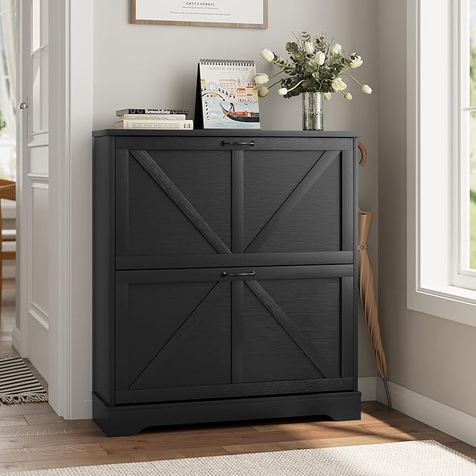Shoe Cabinet, Shoe Storage Cabinet for Entryway with 2 Flip Drawers, Narrow Farmhouse Shoe Organizer Cabinet, Slim Shoe Rack Cabinet, 31.5in Black