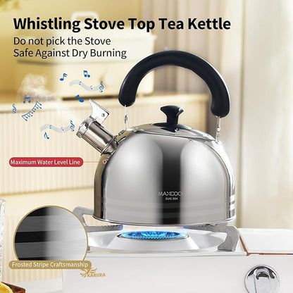 Whistling Tea Kettle for Stovetop, 5L Stainless Steel Tea pot Kettles,Striped frosted water pot, Large kettle teapot with Cool Touch Ergonomic Handle(Mirror Polish)