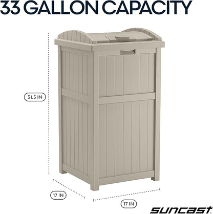 Suncast 33 Gallon Hideaway Trash Can for Patio - Resin Outdoor Trash with Lid - Use in Backyard, Deck, or Patio - Taupe