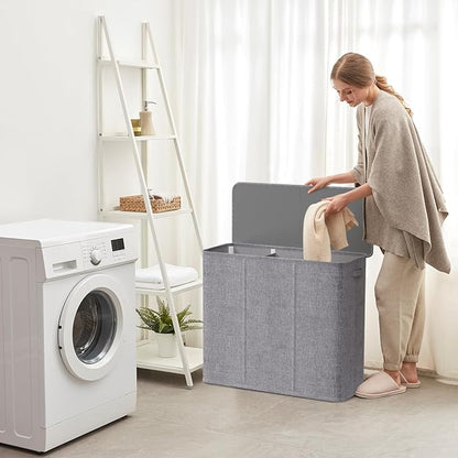 Lifewit Triple Laundry Hamper with Lid and Removable Laundry Bags, Large Collapsible 3 Dividers Dirty Clothes Basket with Handles for Bedroom, Laundry Room, Closet, Bathroom, College, 180L Light Gray