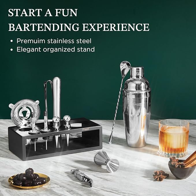 KITESSENSU Cocktail Shaker Set with Stand | Mixology Bartender Kit Bar Set with Essential Bar Accessories for Home Bar: Martini Shaker, Jigger, Muddler, Bar Spoon | Drink Mixer Cocktail Kit