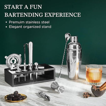 KITESSENSU Cocktail Shaker Set with Stand | Mixology Bartender Kit Bar Set with Essential Bar Accessories for Home Bar: Martini Shaker, Jigger, Muddler, Bar Spoon | Drink Mixer Cocktail Kit