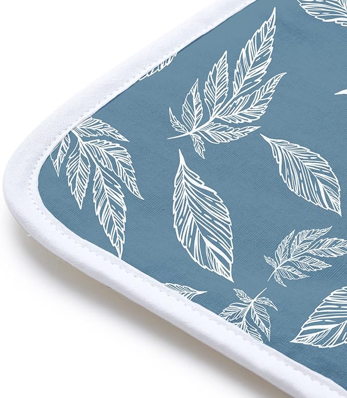 Encasa XO Ironing Mat/Pad (Small 28"x20") with 3mm Padding & Silicone Iron Rest for Steam Pressing on Tabletop or Bed - Heat Resistant, Portable, Quilting & Travel Blanket - Big Leaves Blue