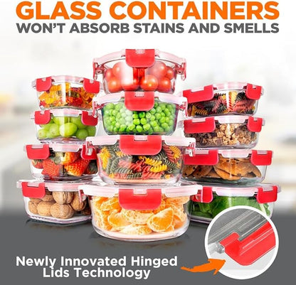 SereneLife 24 Piece Glass Storage Containers with Lids, 12 Pack Glass Meal Prep Container Set for Lunch, Kitchen Storage, Food Storage, Leak Proof, Freezer Safe and Dishwasher Safe, Red