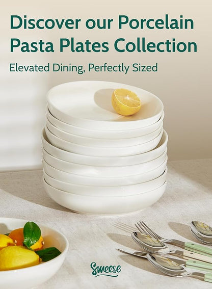 Sweese Large Salad Serving Bowls, 30 Ounce Porcelain White Pasta Plates Set of 6, 8.4 Inch Pasta Bowls for Dinner, Salad - Microwave Dishwasher
