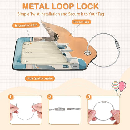 Vintage Sunset Light 3 PCS Luggage Tags, Sunset Seaside Town Leather Suitcase Tags with Privacy Cover Name Address Labels and Durable Steel Loop for Men/Women Travel Bag Suitcases