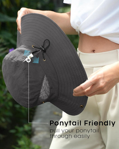 FURTALK Womens Sun Hat with Ponytail Hole Beach Hiking Summer Wide Brim UPF 80+ Outdoor Protection Foldable Bucket Hat