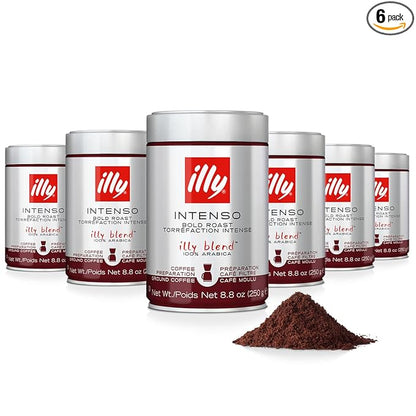 Illy Ground Drip Coffee - Intenso Bold Roast - Bold & Flavorful - 100% Arabica - Pre-Ground for Drip Pour Over - Pressurized Packaging Sealed for Freshness - 8.8oz (Pack of 6)