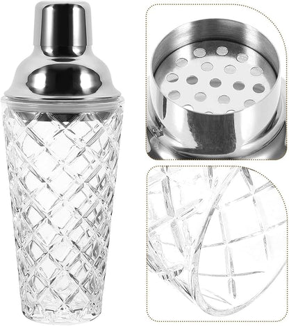 Glass Cocktail Shaker with Stainless Steel Lid Transparent Hand Shaker for Mixing Cocktails Milk Tea and Beverages Bar Tool with Stylish Pineapple Texture Cap for Home Bartenders
