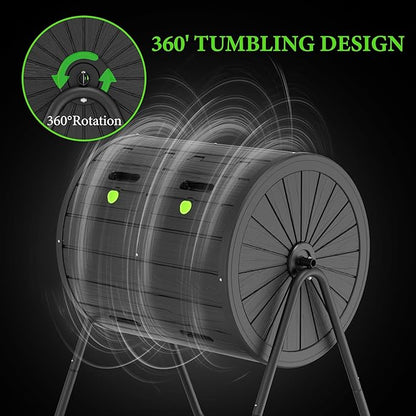 Dual Chamber Tumbling Composter 43 Gallon Large Outdoor Tumbling Composter Efficient Batch Composting Easy Turn Design (Black)