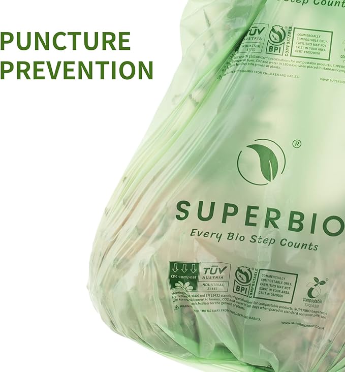 SUPERBIO 3 Gallon Compostable Food Waste Bags, 80 Count, Food Scrap Bags with Handles, ASTM D6400, BPI and OK compost INDUSTRIAL