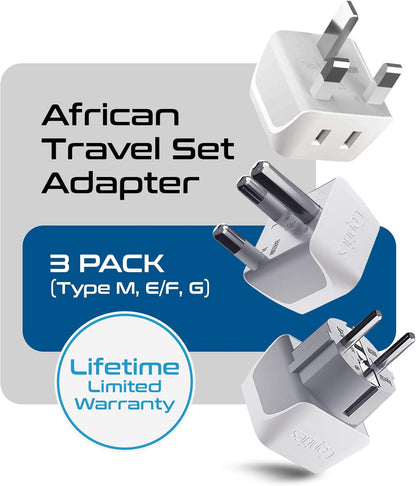 Ceptics African Travel Adapter Set 2 in 1 USA to Africa, S. Africa, Nigeria, Ghana, Uganda (Type M, E/F, Type G) - 3 Pack (Does Not Convert Voltage)