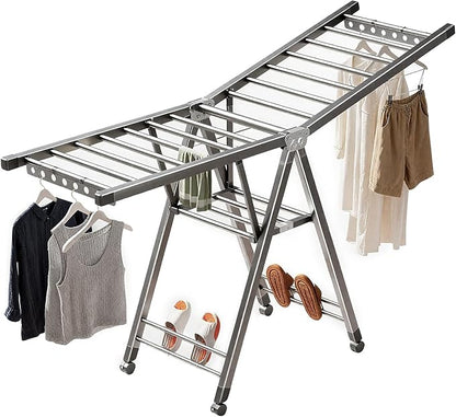 Heavy Duty 3-Tier Clothes Drying Rack with Wheels & Shoe Rack - Large 5.9ft Foldable Metal Laundry Stand, Portable Collapsible Clothing Hanger for Indoor Outdoor Use in Laundry Room