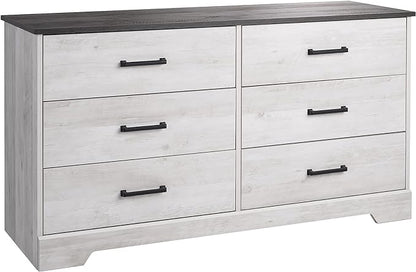 Prepac Rustic Ridge Farmhouse 6-Drawer Double Dresser, Washed White Dresser for Bedroom, Chest of Drawers with 6 Storage Drawers, 53.25” wide x 18.25” deep x 28.5” tall, Washed White