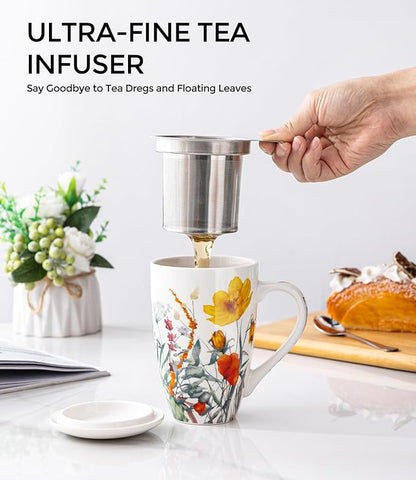 AmorArc Porcelain Tea Mug with Infuser and Lid, 18 Oz Tea Cup with Handle for Loose Leaf Tea, Gift for Tea Lovers of Men and Women
