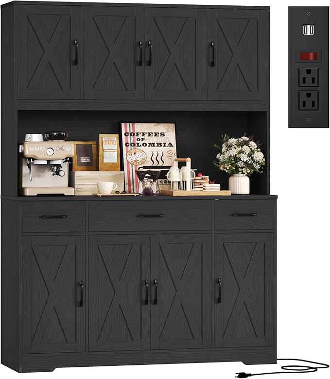 HOSTACK 71" Tall Kitchen Pantry Storage Cabinet with Charging Station, 55" Wide Kitchen Hutch Cabinet with Large Countertop, Farmhouse Food Pantry with Drawers for Living Room, Black Wood Grain