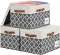 GhvyenntteS Large Fabric Storage Bins with Lids (3 Pack), Foldable Decorative Storage Boxes with Lids and 3 Handles, Sturdy Storage Baskets with Label Window for Home Office (White&Lattice Grey)