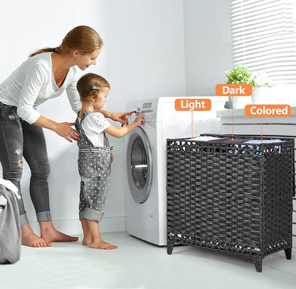 Laundry Hamper with 3 Removable Liner Bags; 132L Handwoven Rattan Laundry Basket with Lid & Heightened Feet; Clothes Hamper with Side Handles; Laundry Sorter with 3 Separate Sections (Black)