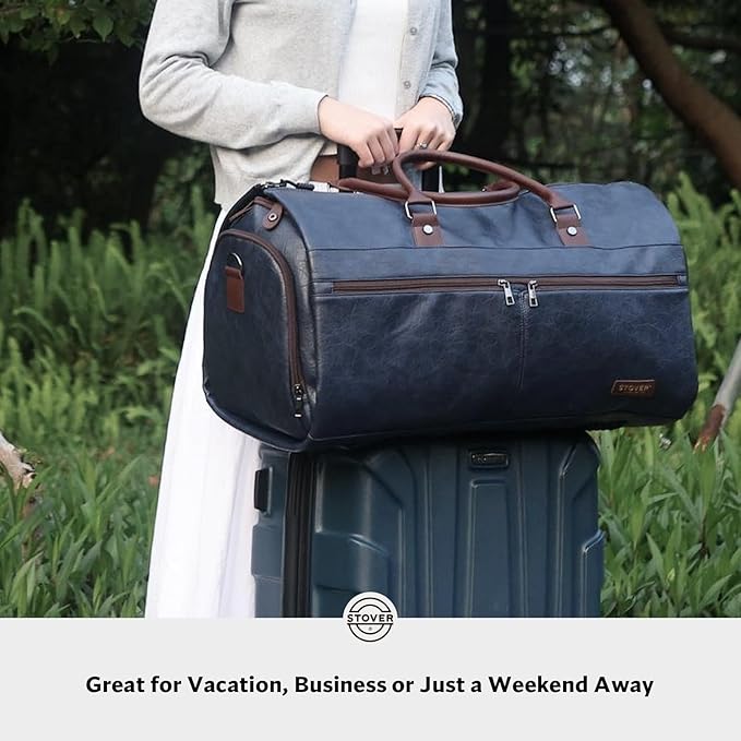 STOVER Garment Travel Duffle Bag, Large 2-in-1 Convertible Carry-on Luggage for Men & Women- Hanging Suits, Dresses & Clothes + Shoe Compartment- Weekender Tote Combo Duffel (Blue Leatherette)