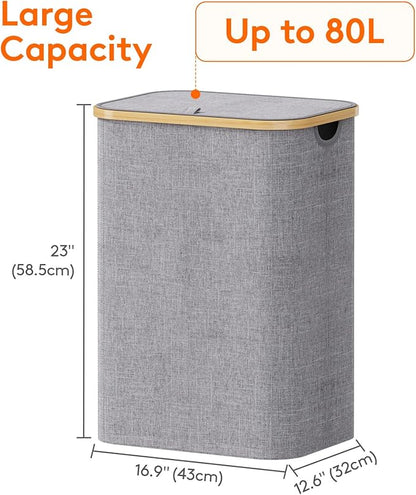 Lifewit 80L Laundry Basket with Lid, Clothes Hampers for Laundry with Bamboo Handles and A Removable Laundry Bag, Large Foldable Hamper for Bedroom, Bathroom, Dorm, Laundry Room, Light Gray