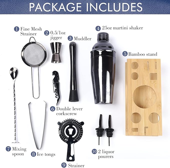 11Pcs-Cocktail Shaker Set Black Bartending Kit 25oz Cocktail Bar Set Cocktail Mix Drink Making Kit Professional Bar and Home Drink Bar Tools for Bartender（Gun-Metal Black）