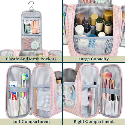 PAVILIA Toiletry Bag Travel Bag for Women Men, Hanging Cosmetic Organizer, Water Resistant Makeup Bag for Accessories Toiletries, Large Travel Essentials Kit (Pink Stripe)