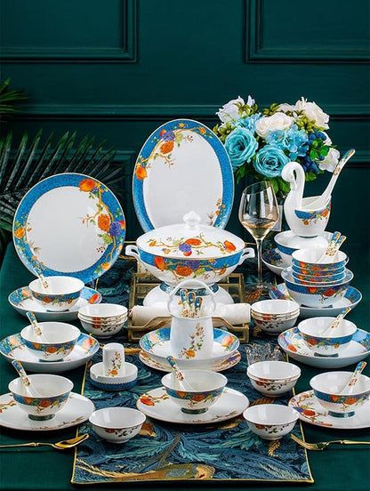 60 Pieces of 10-12 People Bone China Bowl and Plate Dinnerware Set Pomegranate