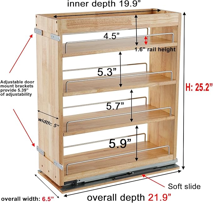 DINDON Pull Out Spice Rack Organizer for Cabinet, (5" W x 21.9" D x 25.2" H) Multi-Use Wood Pull Out Cabinet Organizer Slide Out Shelf Cabinet Storage for Kitchen, Pantry Organization