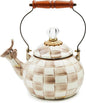 MACKENZIE-CHILDS Enamel Whistling Tea Kettle, Decorative Teapot for Stovetop, Brown-and-White Mocha Check