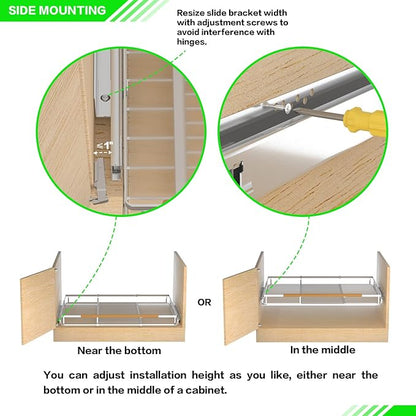 Pull Out Cabinet Organizer Expandable Slide Out Kitchen Cabinet Drawer Heavy Duty Stainless Steel Storage Shelf Rack for Base Cabinet Pantry Closet Under Sink Divider Organization