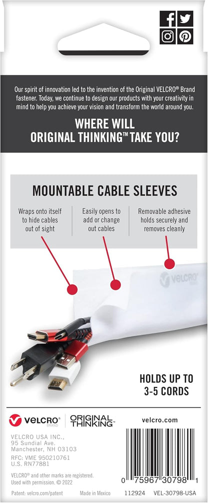 VELCRO Brand Cable Sleeves. Organize Messy Wires on Desk, Behind TV or Game Console. 16-Inch (2x8in) White. Removable Adhesive Mounts to Smooth Surfaces