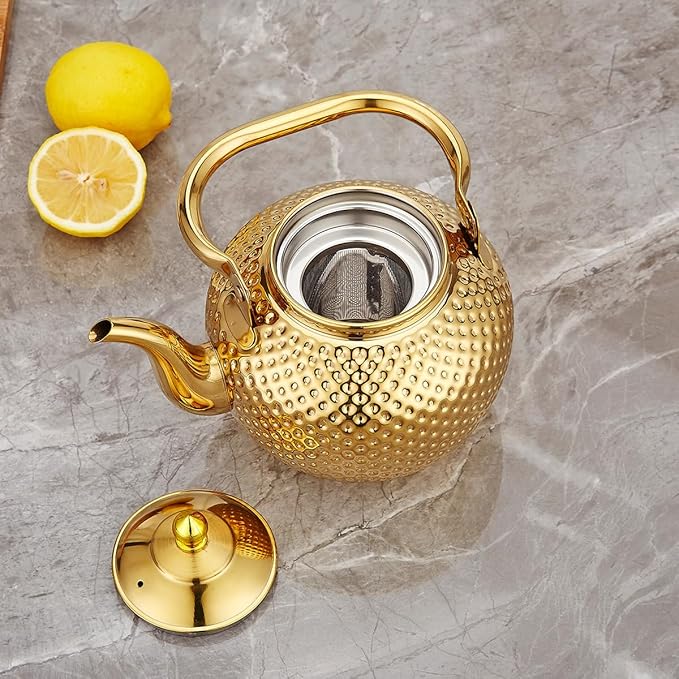 SANQIAHOME 2000ml teapot with Infuser stainless steel Water Boilers lifting handle Tea Maker Water Kettle for Induction/Gas gold