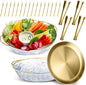 Baderke 2 Sets 11.8" Chilled Serving Tray for Parties Round Iced Platter with Ice Underneath Stainless Steel Clip Fruit Fork Shrimp Cocktail Serving Dish for Oysters Crawfish Fruits (Gold)