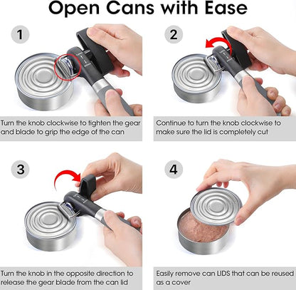 Beneno Can Opener, Manual Side Safe Cut Can Opener Smooth Edge with Durable Sharp Blade, Effort-Saving Knob & Comfortable Non-slip Handle, Gray