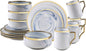 Fine China Artisan Marbled 16pc Dinner Set, Blue with Gold