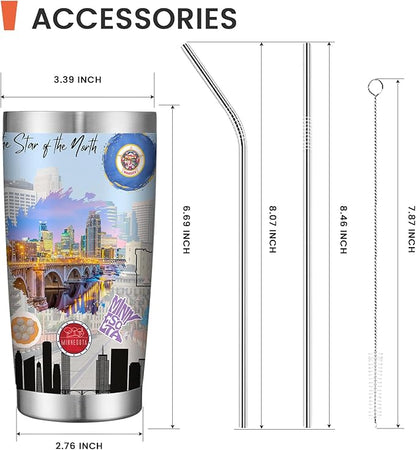 20oz Insulated Tumbler Minnesota State Coffee Mug, United States Map Travel Mug Landmark, Birthday Gifts Cute Custom Tumbler Cups with Lid and Straw Mothers Day Gifts
