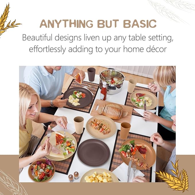 Teivio 32-Piece Kitchen Plastic Wheat Straw Dinnerware Set, Service for 8, Dinner Plates, Dessert Plate, Cereal Bowls, Cups, Unbreakable Colorful Plastic Outdoor Camping Dishes, Desert