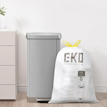 EKO 21 Gallon / 50-90 Liter, 60 Count Drawstring Trash Bags, Extra-Strong Garbage Bags, Lemon Zest Scent with Continuous Odor Control, Easy-Dispense Roll for Kitchen and Household Use, Code G, White
