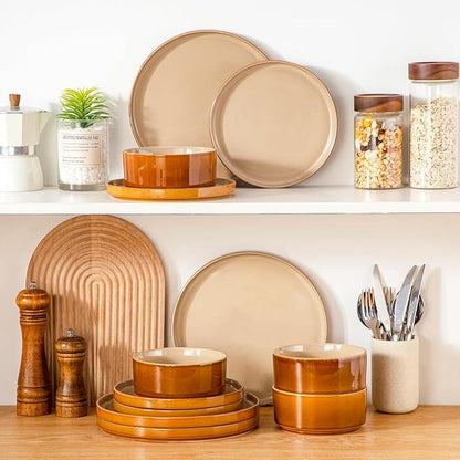vancasso ONION Ceramic Plates and Bowls Sets, 12 Pieces Brown Dinnerware Sets