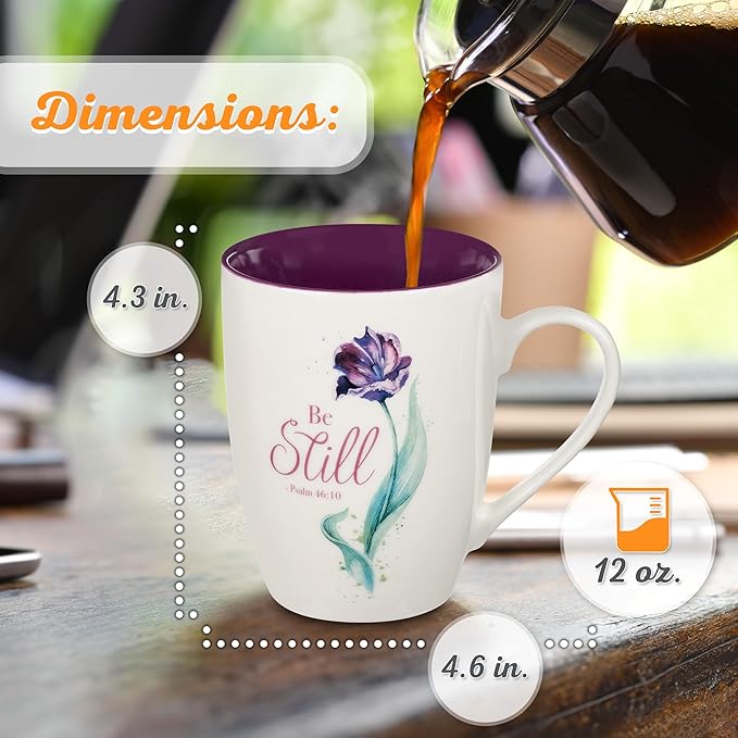 Christian Art Gifts Encouraging Scripture Ceramic Coffee & Tea Mug for Women: Be Still & Know Inspirational Psalm Bible Verse, Microwave & Dishwasher Safe, Novelty Cup, White & Purple Floral, 12 oz.
