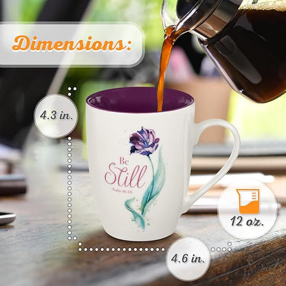 Christian Art Gifts Encouraging Scripture Ceramic Coffee & Tea Mug for Women: Be Still & Know Inspirational Psalm Bible Verse, Microwave & Dishwasher Safe, Novelty Cup, White & Purple Floral, 12 oz.