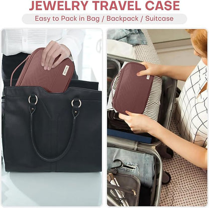 Jewelry Travel Case Organizer for Necklaces, Earrings, Rings, Bracelet, Watch, Soft Sided, Red Sandalwood