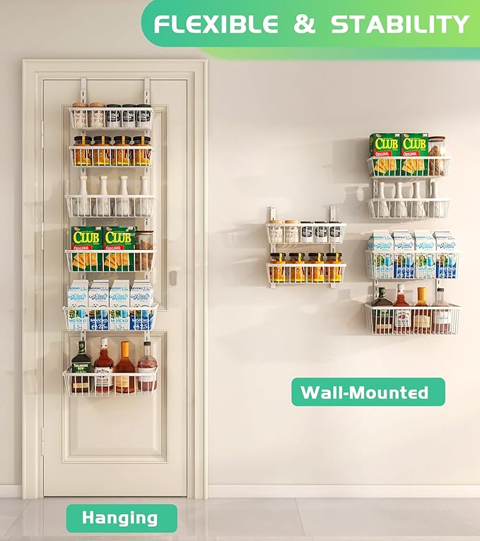 12 Inch Wide Narrow Over The Door Pantry Organizer, Pantry Organization and Storage, 6-Tier Metal Hanging Deep Basket Wall Spice Rack Seasoning Shelves, Home & Kitchen Essentials, White