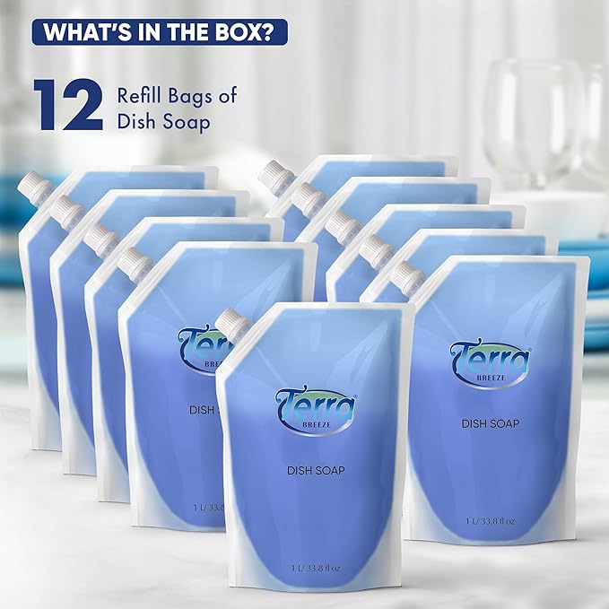Liquid Dish Soap Refill Pouch 1 Liter – Family Size Dishwashing Liquid for Home Use – Non-Toxic Formula Cuts Grease While Gentle on Hands – Eco Refill for Dish Soap Dispensers & Kitchens - Set of 12